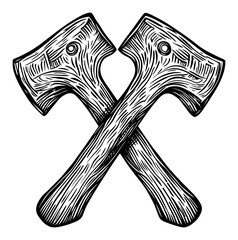 Obraz premium Detailed Engraving of Crossed Wooden Axes in Black and White Style