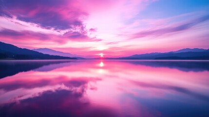 Fototapeta premium Majestic Pink Sunset over Serene Lake and Mountains