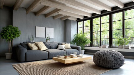 Fototapeta premium A cozy loft living room with industrial windows, sleek sofa, knit pouf, concrete floors softened by a textured rug, and beams of sunlight