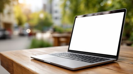 Open laptop on a wooden table outdoors