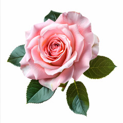 Gentle pink rose, lush green leaves, detailed petals, elegant floral theme, natural beauty, classic romantic symbol.