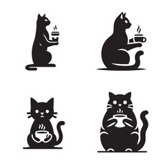 Cat Drinking Coffee Silhouette - Minimalist Black Vector for Café Logos