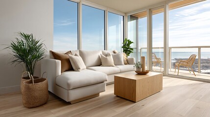 Naklejka premium A sunlit cozy modern living room with plush sectional sofa, neutral throw pillows, light oak floors, floor-to-ceiling windows letting in warm daylight, leafy indoor plants, and a minimalist