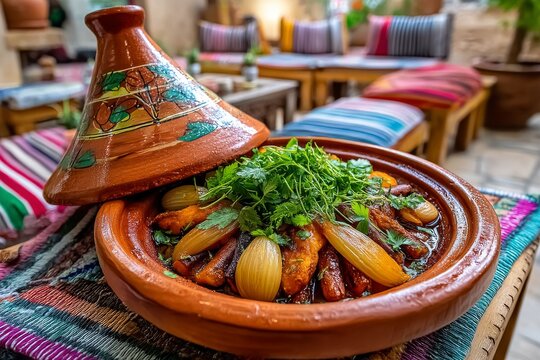 Deliciosa presentaci&oacute;n de un tagine con higos y cebollas en un ambiente acogedor y tradicional