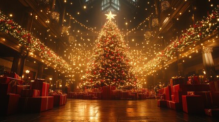 Obraz premium Magnificent christmas tree centerpiece amidst festive decorations and presents