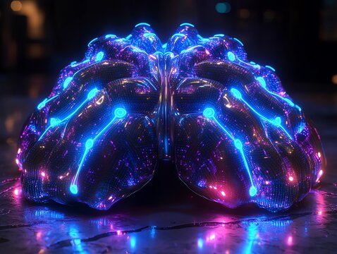 Futuristic metallic brain model with vibrant blue and pink neon lights reflects on a dark surface.  Great for science fiction or AI concepts.