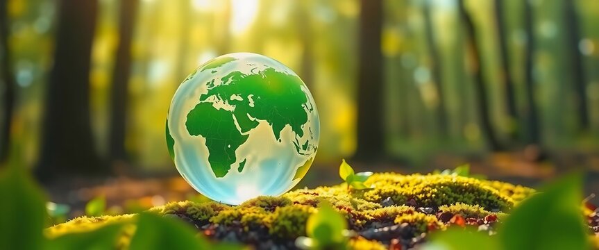 A glass globe rests gently on vibrant green moss symbolizing Earth Day s message of environmental protection and sustainable practices in a lush forest bathed in soft, Banner