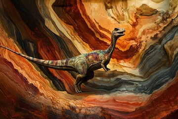 a dinosaur walking in cave