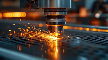 Automated laser cutting machine precisely perforating metal with orange sparks