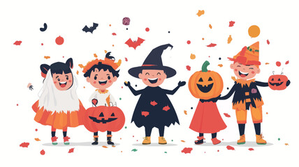 A vibrant digitally rendered illustration shows five children, each wearing a unique Halloween costume. The vector art style uses bold, saturated colors and clean lines.