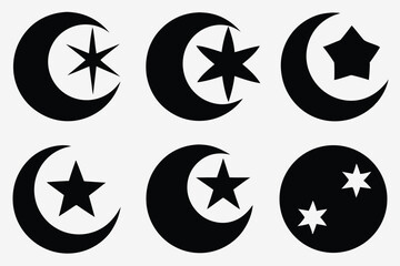 Black Crescent and Star Designs and Islamic Moon Symbol Icons.