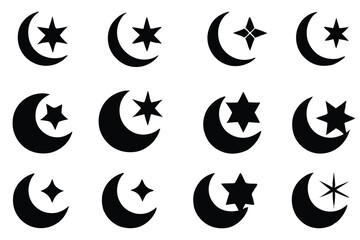 Black Crescent and Star Designs and Islamic Moon Symbol Icons.