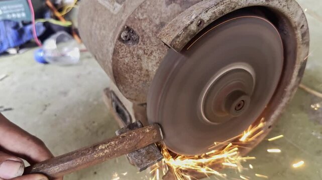 Powerful electric angle grinder with interchangeable cutting and grinding discs being for metal fabrication, construction, DIY repair projects. Sparks fly the tool precisely shapes finishes materials.