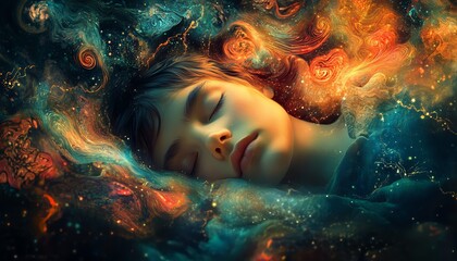 vibrant dreamy artwork of a sleeping person, imaginative colorful patterns and swirls, surreal and magical atmosphere, soft light and fantasy tone