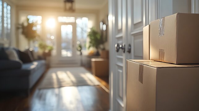 Sunlit living room with stacked cardboard boxes reflecting a modern moving day scene.