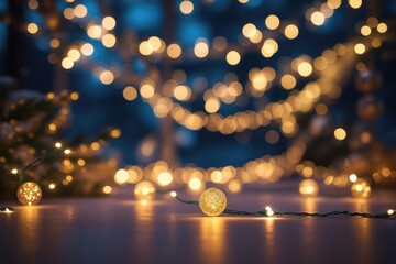Bokeh Lights with Golden Orbs and Dreamy Ambiance on a Dark Blue Backdrop