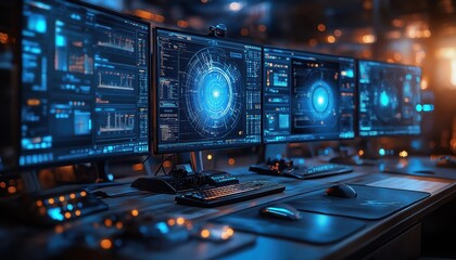 Smart Control Center with Multiple Monitors Displaying Data and Analytics