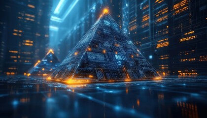 Futuristic Smart Control Pyramids in Cyber City - Digital Tech Concept