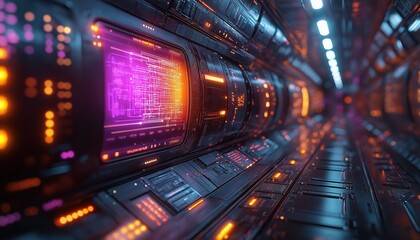 Fototapeta premium Futuristic Tech Tunnel with Smart Control Display and Neon Lights