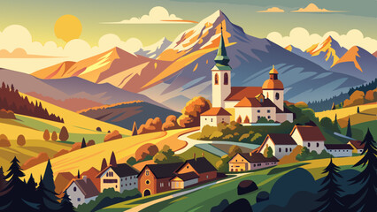 Aerial View of Sveti Tomaz Church in Skofja Loka, Slovenia &ndash; Sunset Panorama with Julian Alps