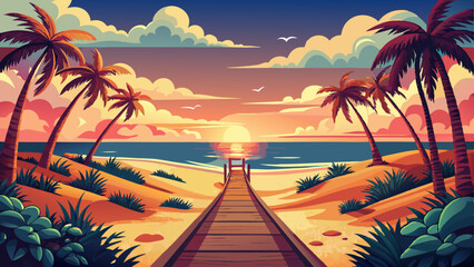 Path to Ocean on Miami Beach at Sunrise or Sunset – Vintage Nature Landscape with Retro Instagram Filter