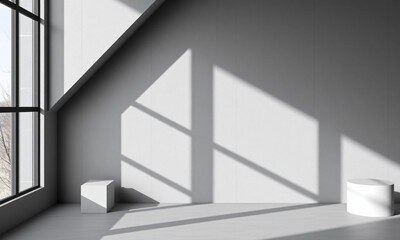 Obraz premium 3D rendered minimalist geometric wall soft grey tones cube and cylinder shapes casting shadows