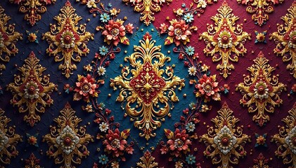 Intricate woven damask textile, opulent design , gold, silver, elegant