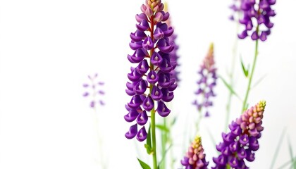 Obraz premium Vibrant purple lupine blossoms against pure white background, image, design element