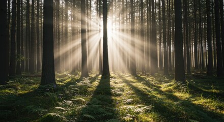 Fototapeta premium Sun Rays Illuminating Misty Forest