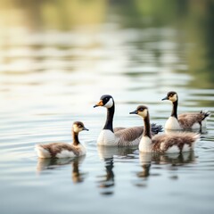 Obraz premium Serene Family of Canada Geese on Calm Water at Dawn