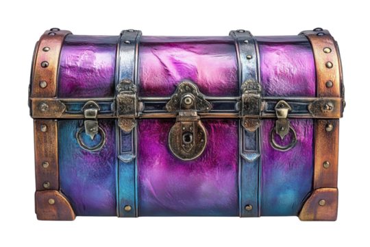 A mystical iridescent treasure chest gleaming with purple and blue hues ornate metal accents on transparent background