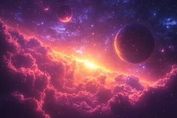 Obraz premium Vibrant cosmic landscape with colorful clouds and distant planets in the depths of outer space