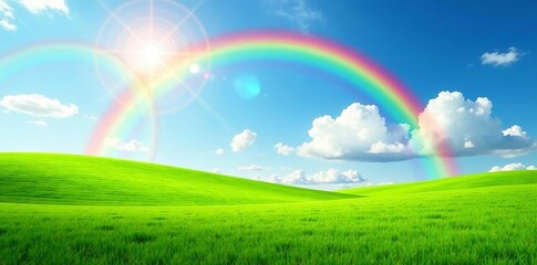 Vibrant rainbow over lush green field, perfect for summer designs, summer, rainbow, landscape