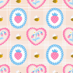 Vector seamless pattern with wild strawberries, bees, and floral elements in pastel tones. Ideal for summer textiles, childrens clothing, and wrapping paper