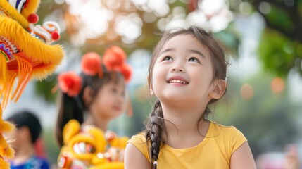 Children enjoying vibrant lion dance performance in city park cultural celebration joyful atmosphere eye-level view
