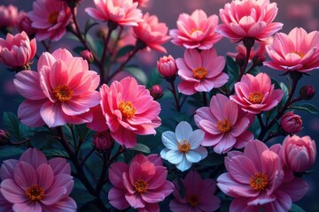 Obraz premium Dense, layered blossoms, swirling stems, vibrant hues, complex, botanical, illustration
