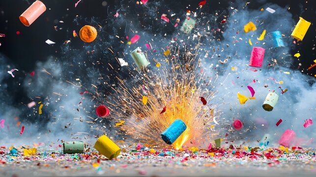 Dramatic scene of a fireworks factory detonation with intense bursts of colorful flames and smoke spreading chaotically across the night sky