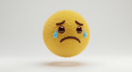 Fototapeta premium Furry Sad Face: 3D Render of a Tearful Yellow Sphere.