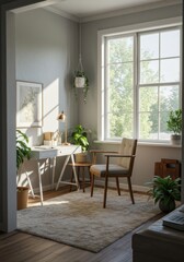 Sunlit Home Office with Plants and Wooden Furniture