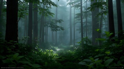 Naklejka premium A dense forest during a gentle rain with water droplets clinging to vibrant green leaves, weather