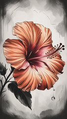 The charcoal sketch features a vibrant hibiscus flower, with intricate petals and a subtle grey background, creating a warm, inviting, and vibrant feel.