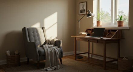Sunlit Home Office with Wooden Desk and Comfortable Chair
