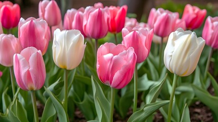 Fototapeta premium Beautiful Pink and White Tulips Spring Flowers