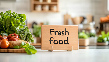Wooden label Fresh food on table over blurred white kitchen background