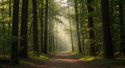 Obraz premium Sunlit Path Through Lush Green Forest