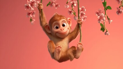 Fototapeta premium A smiling animated monkey swings from beautiful pink cherry blossoms