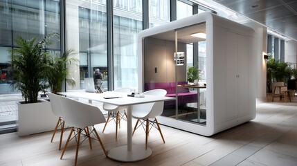 Modern White Soundproof Office Pod with Plants and White Furniture in a Bright Office Space