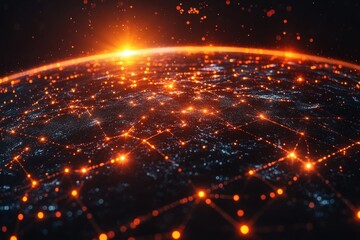 Fototapeta premium Vibrant connectivity over Earth with glowing network lines at sunrise showcasing the digital world