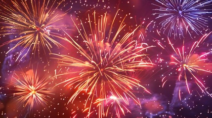Fototapeta premium Vibrant Fireworks Display: Exploding Colors Light Up the Night Sky with Dazzling Brilliance and Festive Spectacle, Creating a Magical Atmosphere for Celebrations.