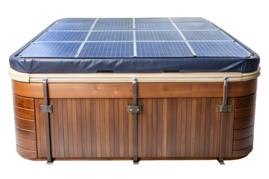 Wooden hot tub with solar panels installed on the cover isolated on a transparent background